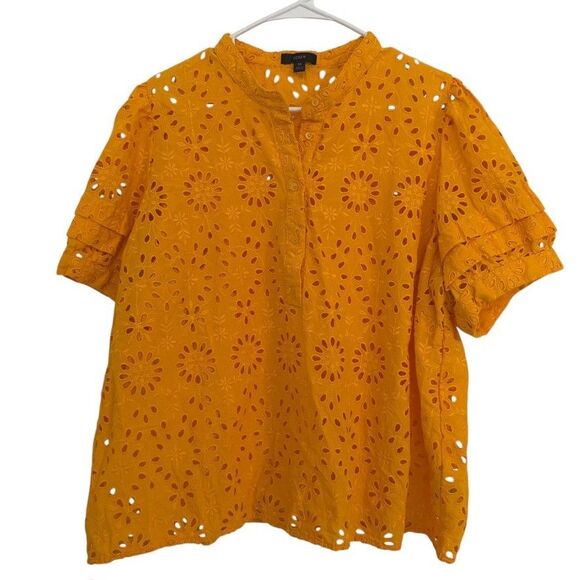 NWT J.Crew Size 3X Puff-Sleeve Popover Top In Eyelet Sweet Marigold Embroidered - Picture 2 of 8